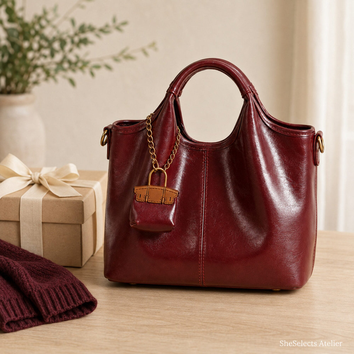 Wine Red vegan leather tote arranged as an evergreen gift for her
