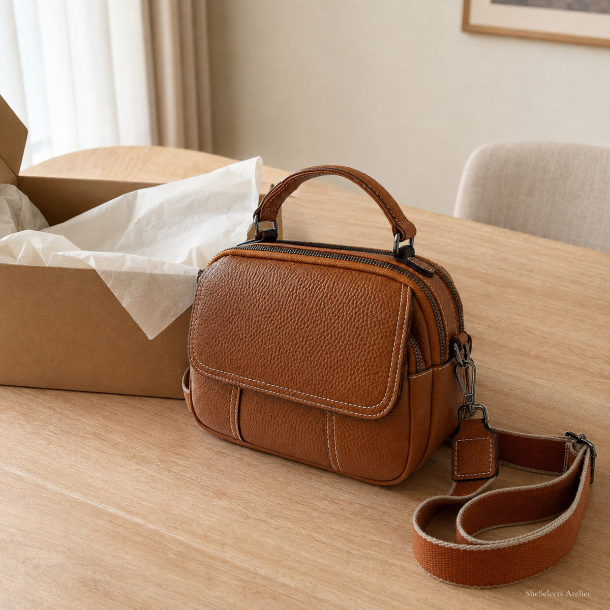 Golden Brown genuine leather crossbody bag beside a simple kraft gift box at home