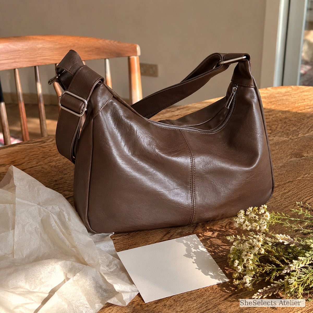 Brown slouchy hobo purse arranged as a thoughtful gift