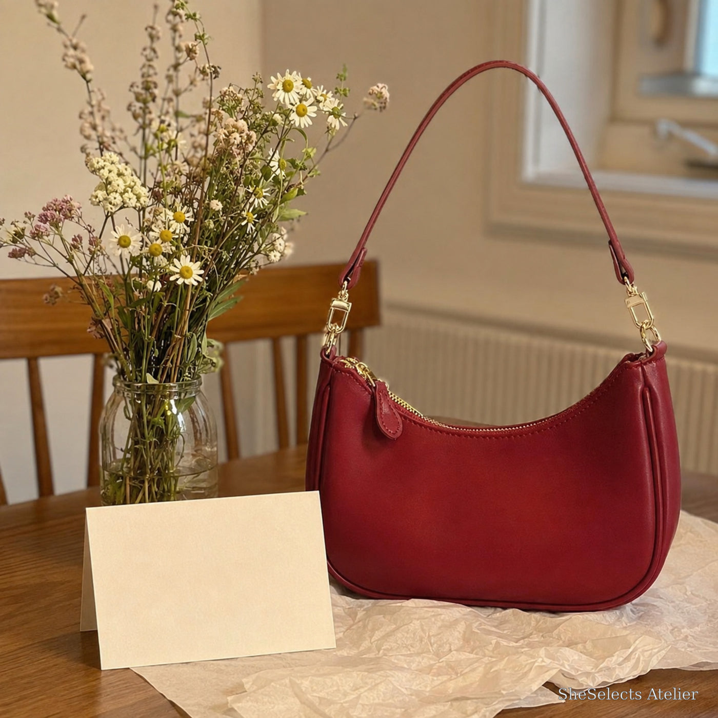 Minimalist Crescent Shoulder Bag, Small Vegan Leather Purse with Gold Chain Detail | gift red | SheSelects Atelier