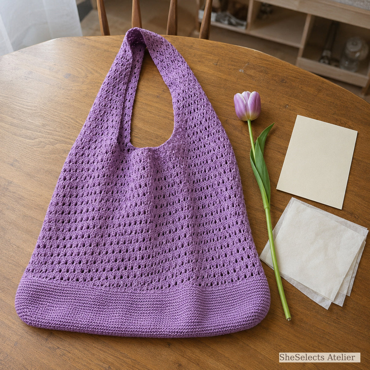 Purple crochet style tote arranged as a thoughtful summer gift