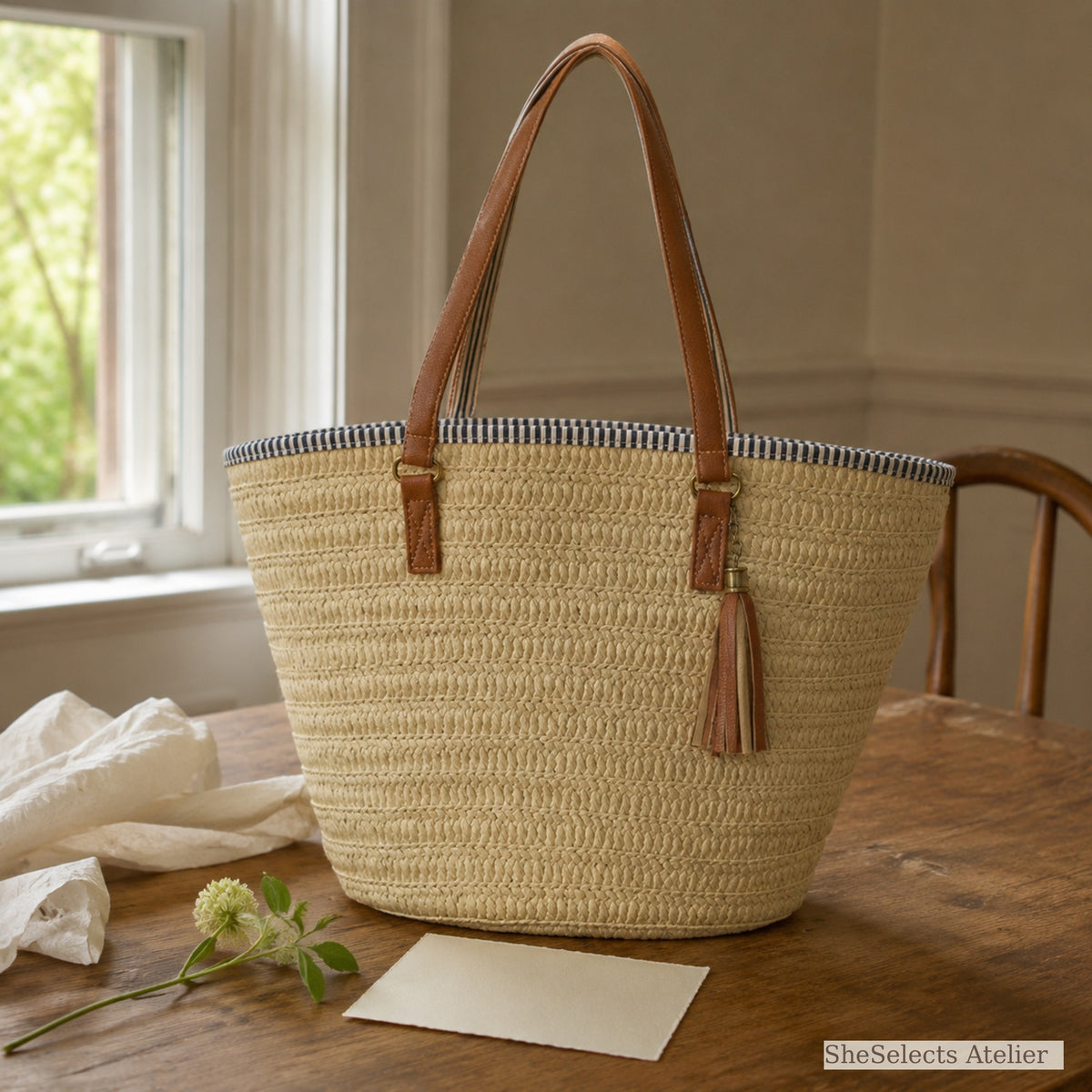Light brown woven tote arranged as a thoughtful summer gift