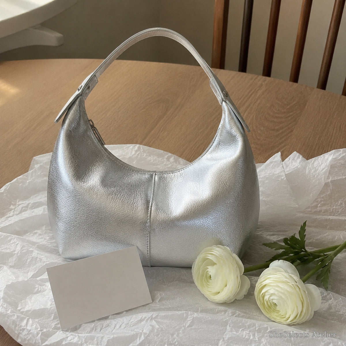Dumpling Shoulder Bag, Textured Crescent Underarm Purse in Five Colors | gift silver | SheSelects Atelier