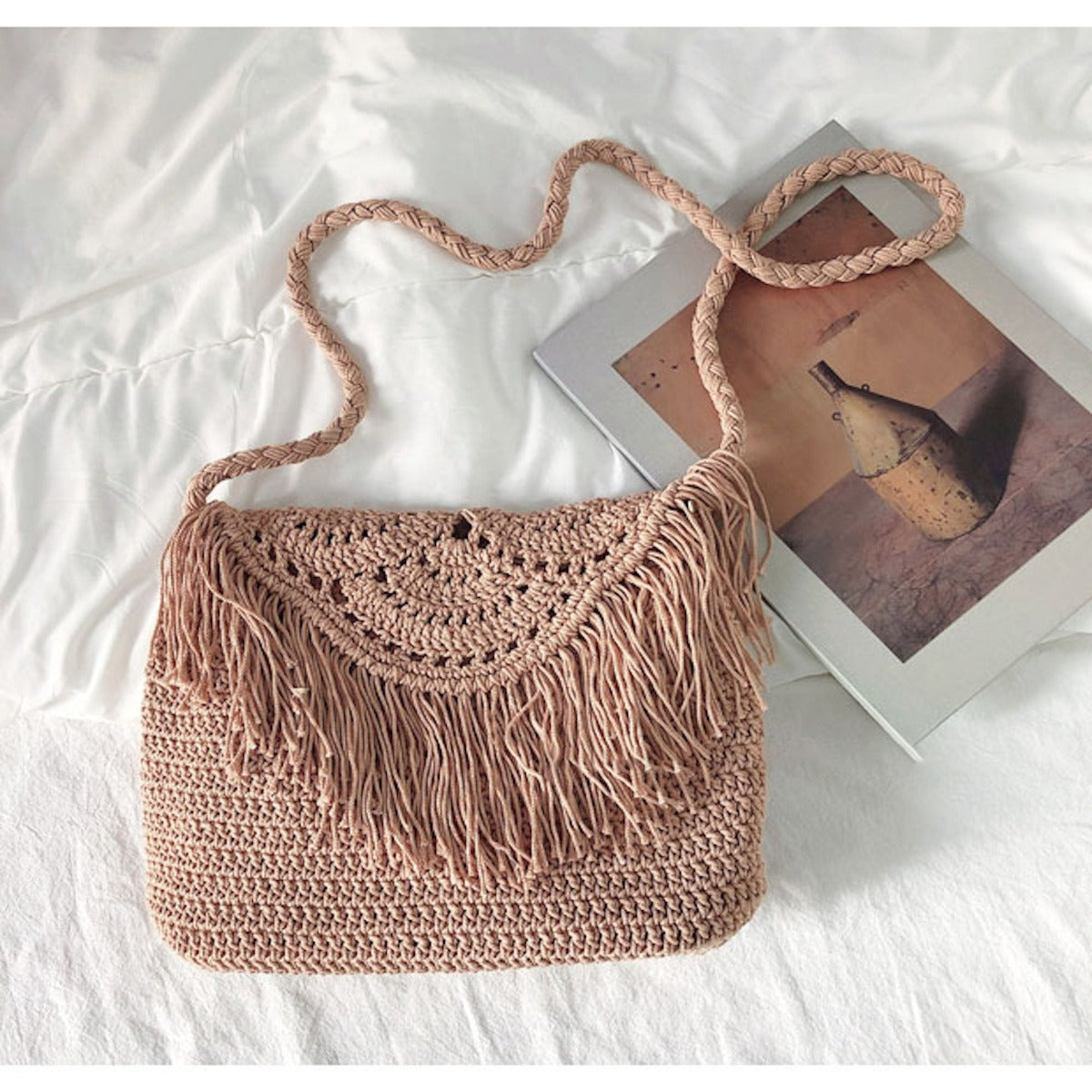 Women’s Crochet Cotton Handmade Bohemian Tassel Beach Bag Tote Bag for Boho Everyday Style & Gifts