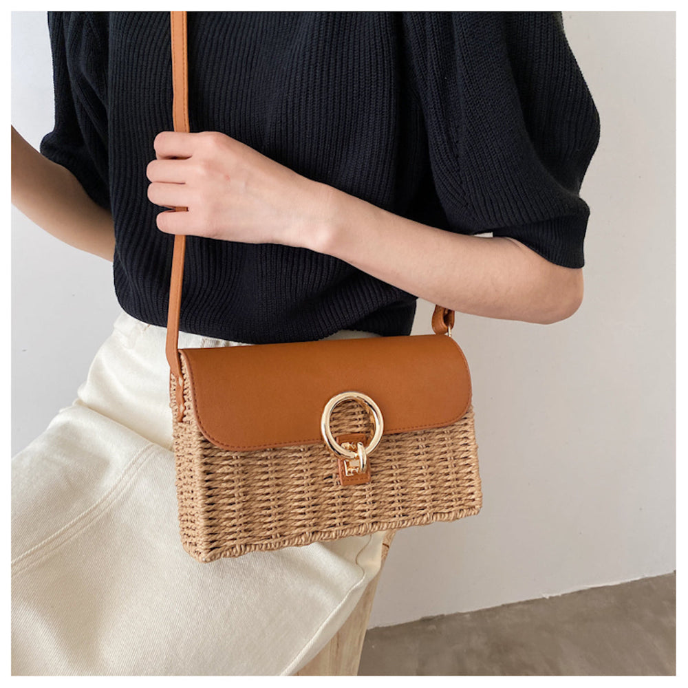 Women’s Straw Woven Box Bag with Leather Flap Handbag for Beach, Vacation & Summer Outfits