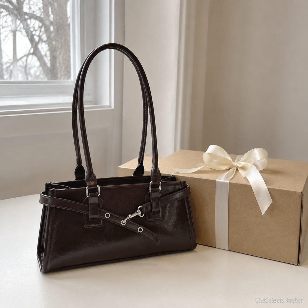 Brown glossy baguette shoulder bag presented beside a gift box