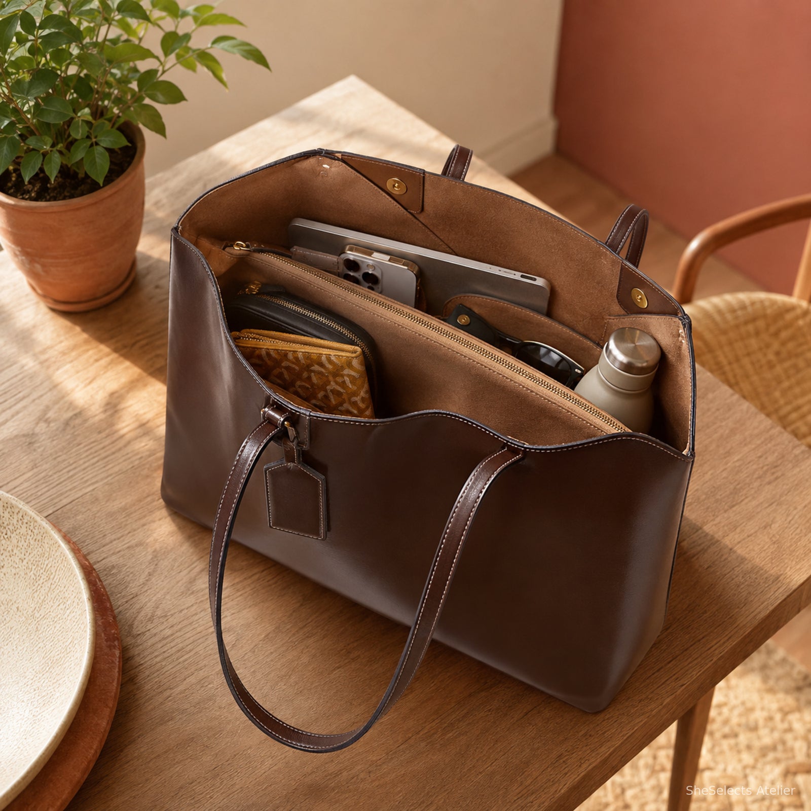 Open dark brown large tote showing realistic capacity for work essentials