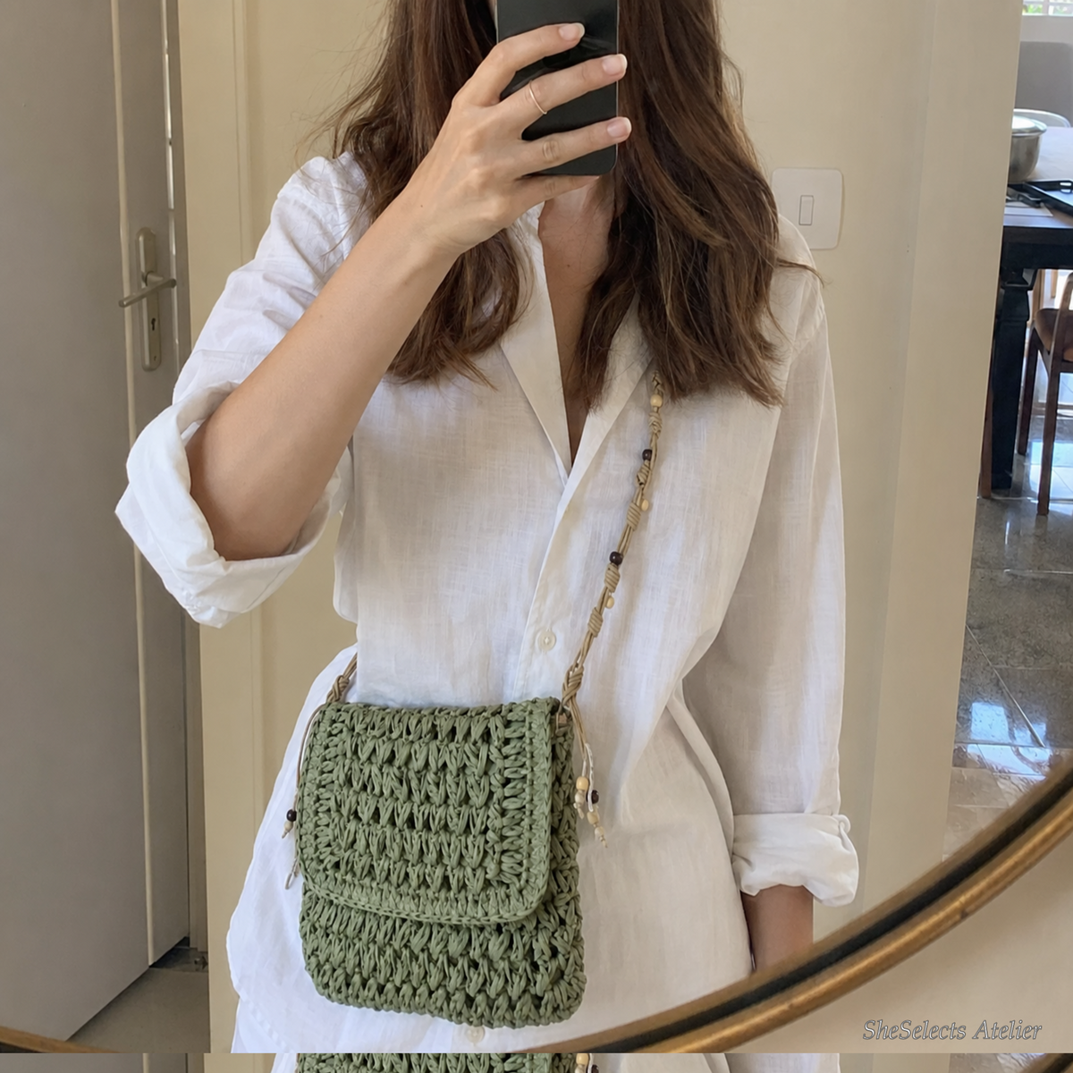 Woven straw crossbody bag, boho square summer purse with beaded strap for women