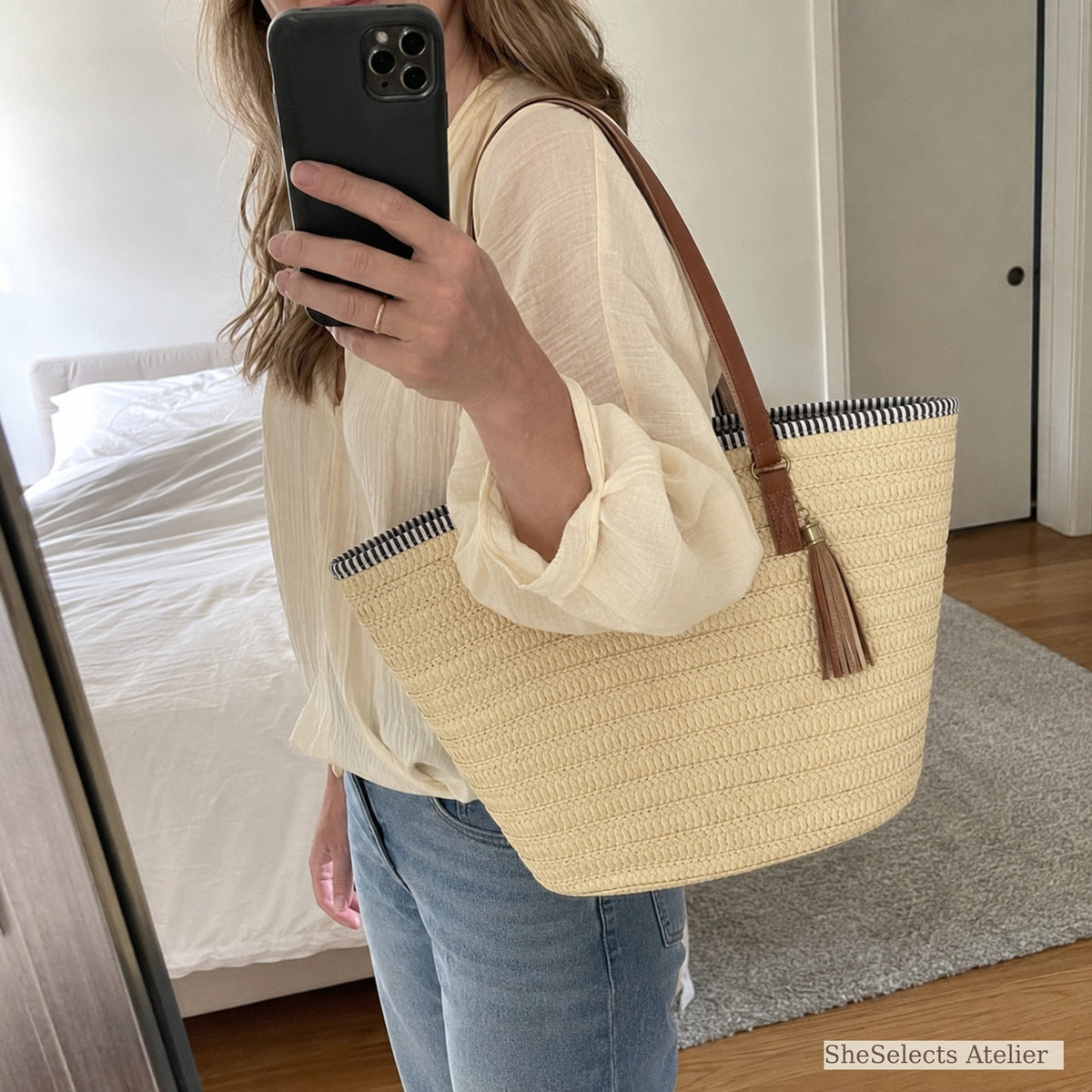 Customer mirror selfie wearing a beige woven straw tote bag