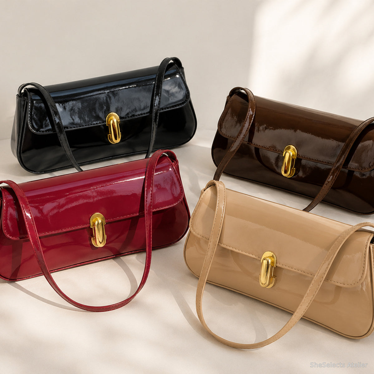 Glossy baguette shoulder bag shown in Wine Red Black Khaki and Brown