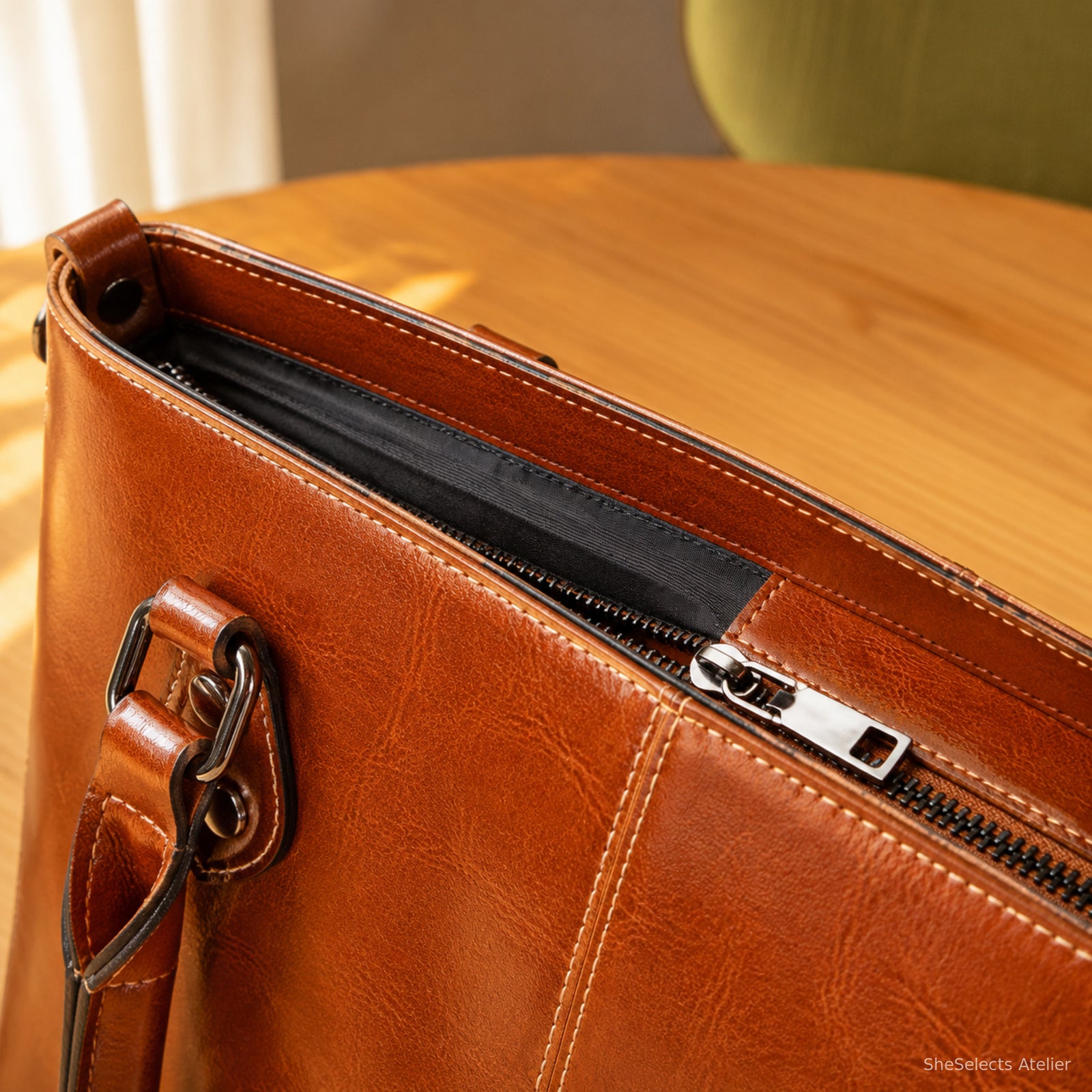 Close-up of cognac cowhide handbag top zipper, metal pull, and leather grain