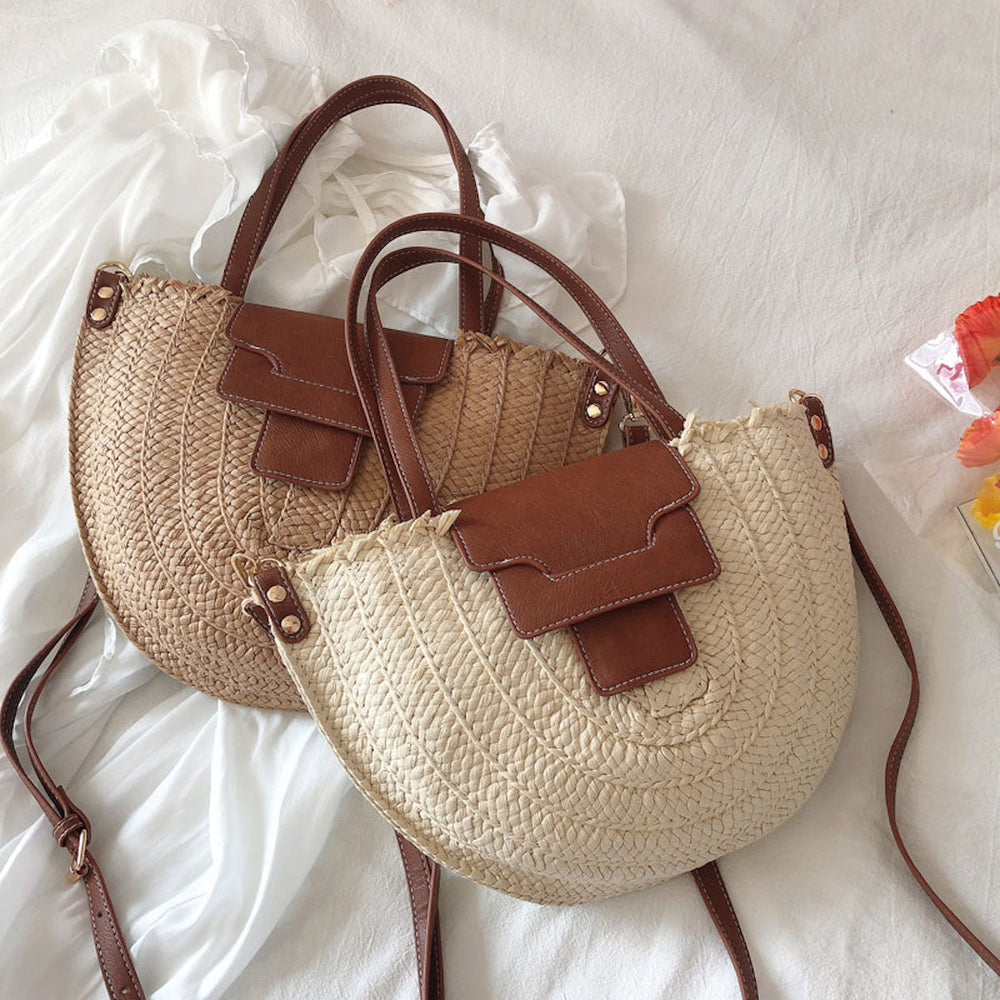 Women’s Straw Half Moon Summer Purse Tote Bag for Beach, Vacation & Summer Outfits