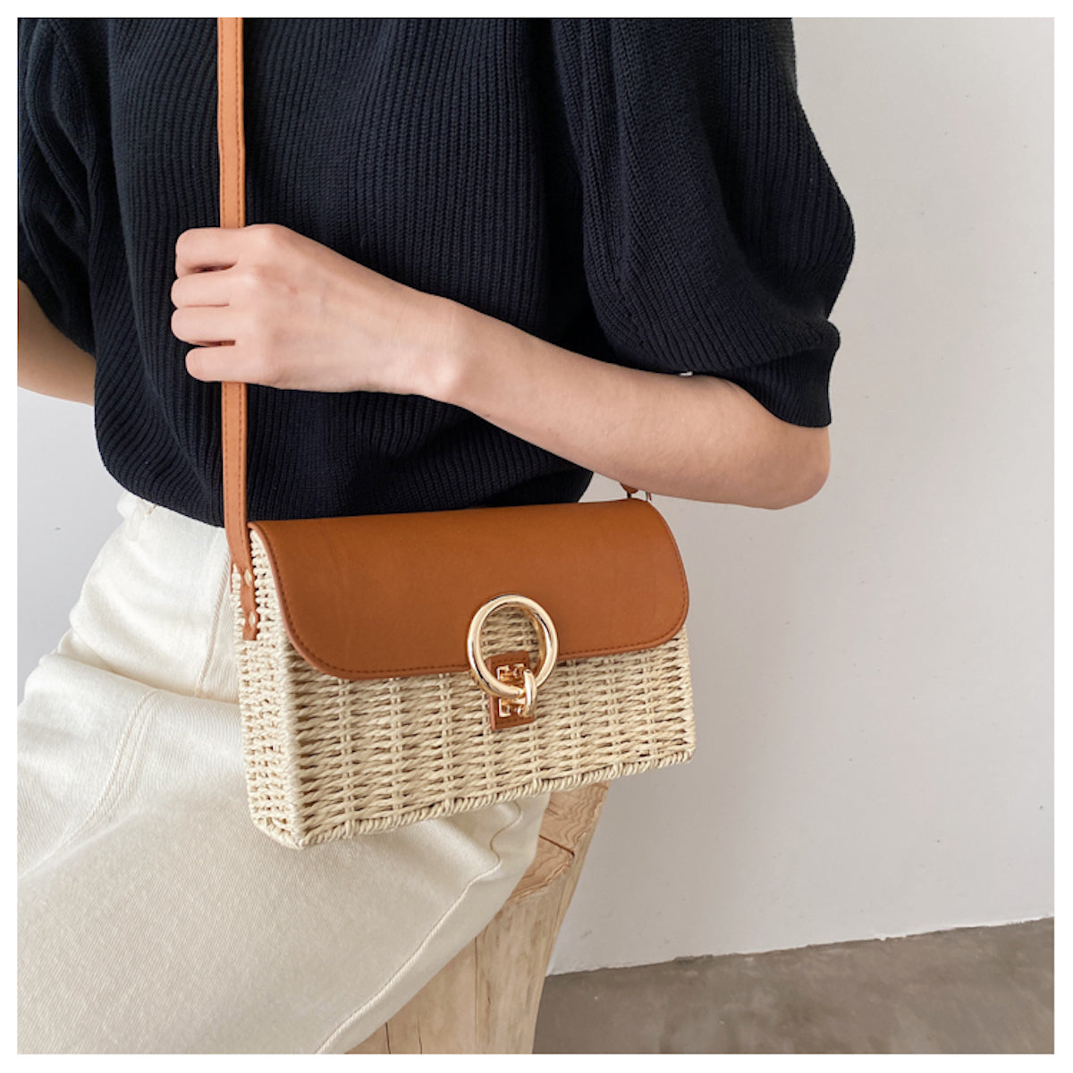 Women’s Straw Woven Box Bag with Leather Flap Handbag for Beach, Vacation & Summer Outfits