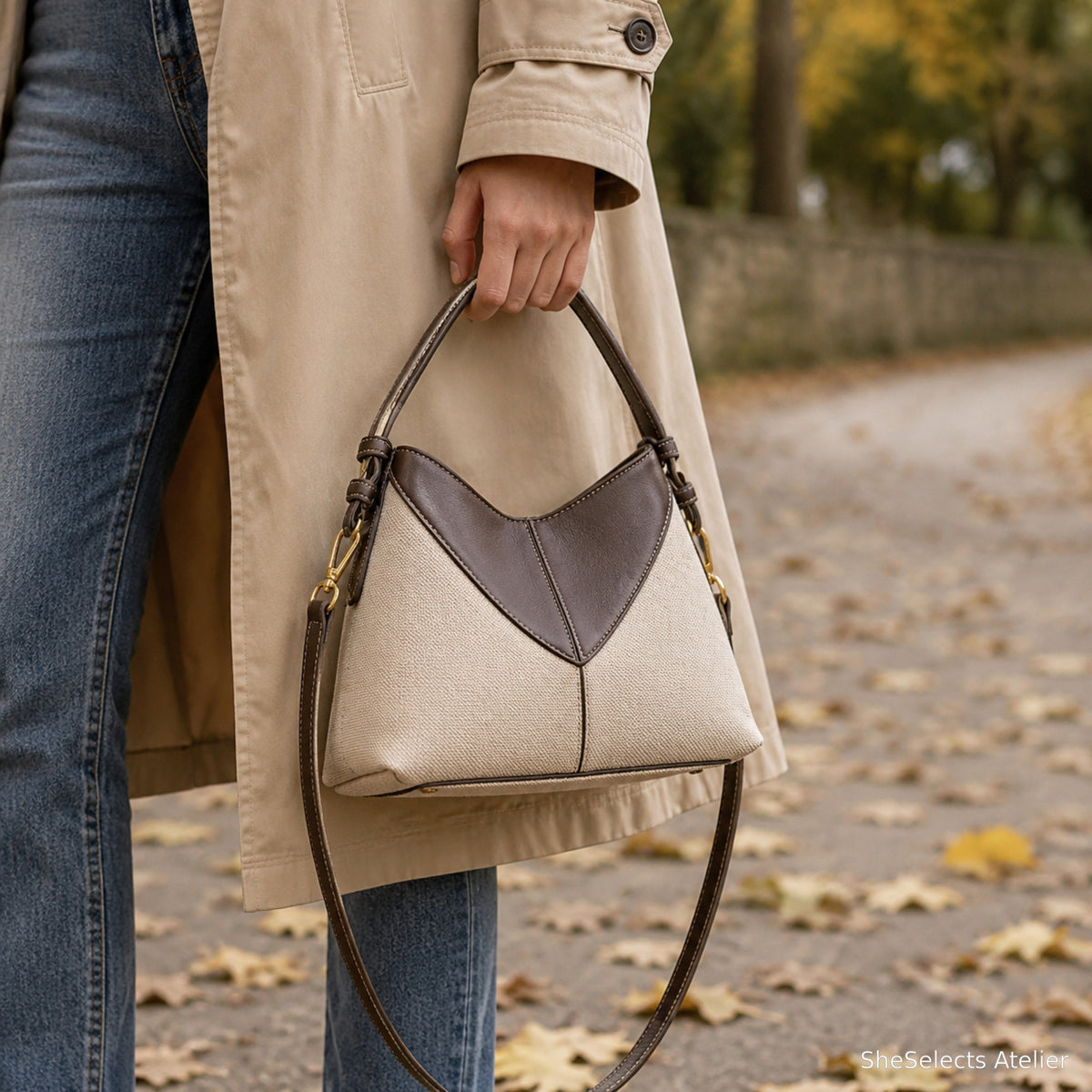 Beige canvas and brown hobo bag carried by hand outdoors
