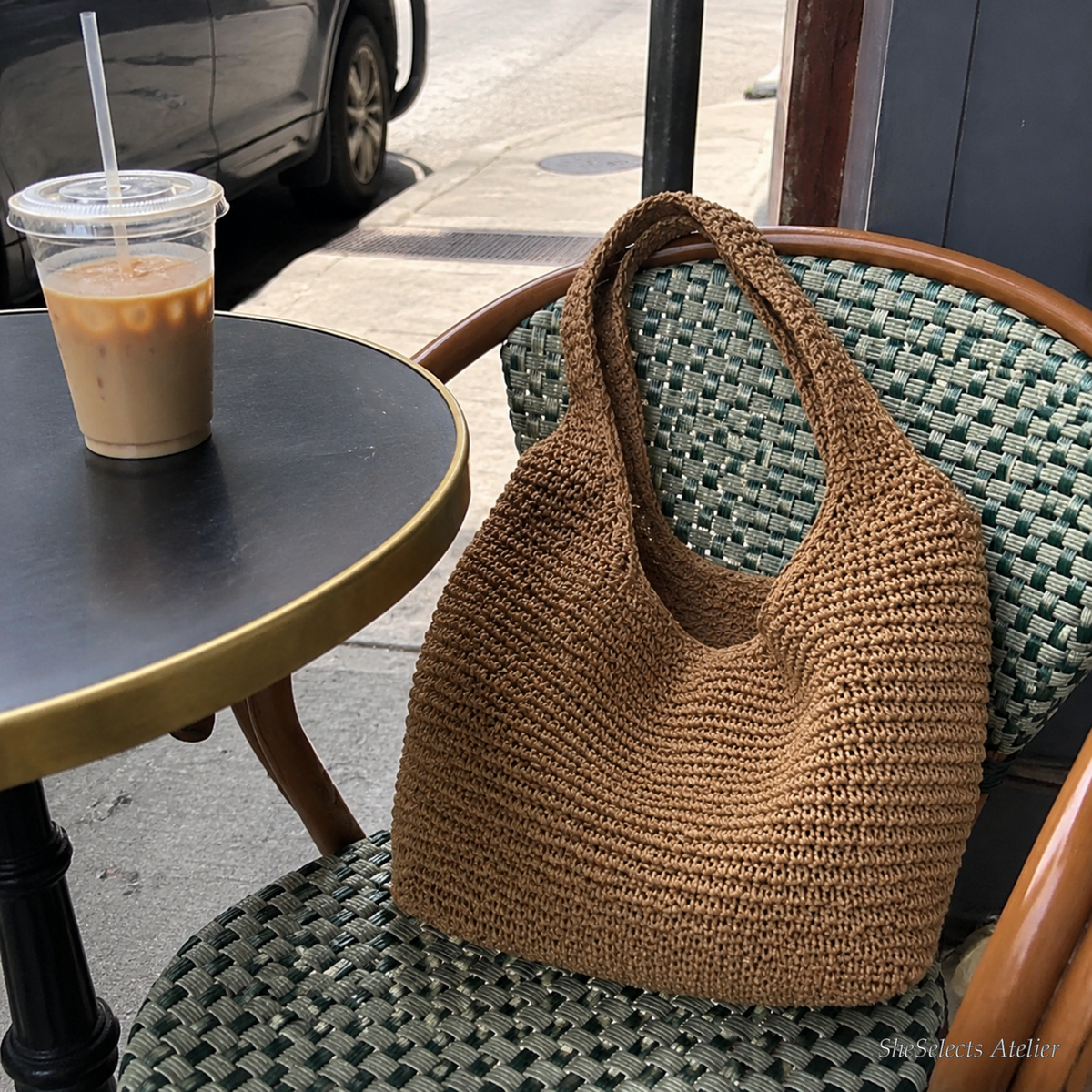 Brown straw hobo bag customer cafe lifestyle