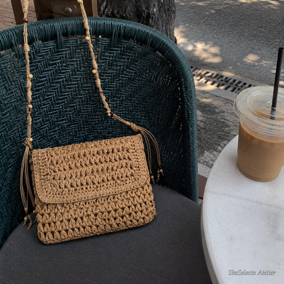 Woven straw crossbody bag, boho square summer purse with beaded strap for women