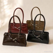 Glossy Vegan Leather East West Bag, Y2K Baguette Shoulder Purse with Zipper