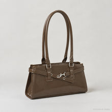 Glossy Vegan Leather East West Bag, Y2K Baguette Shoulder Purse with Zipper