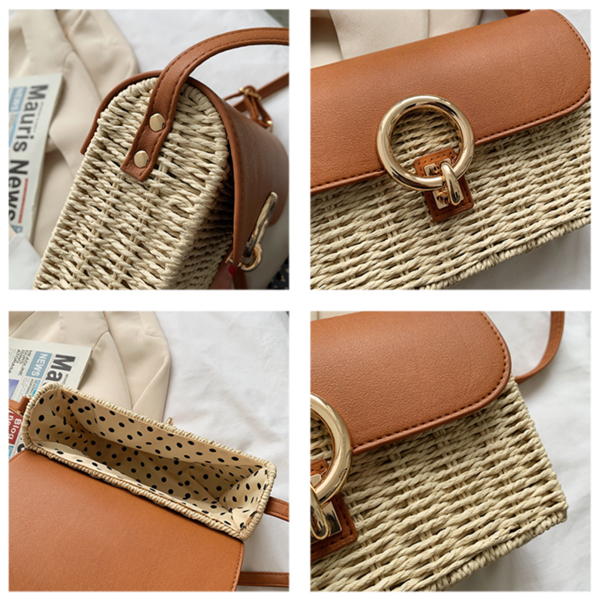 Women’s Straw Woven Box Bag with Leather Flap Handbag for Beach, Vacation & Summer Outfits