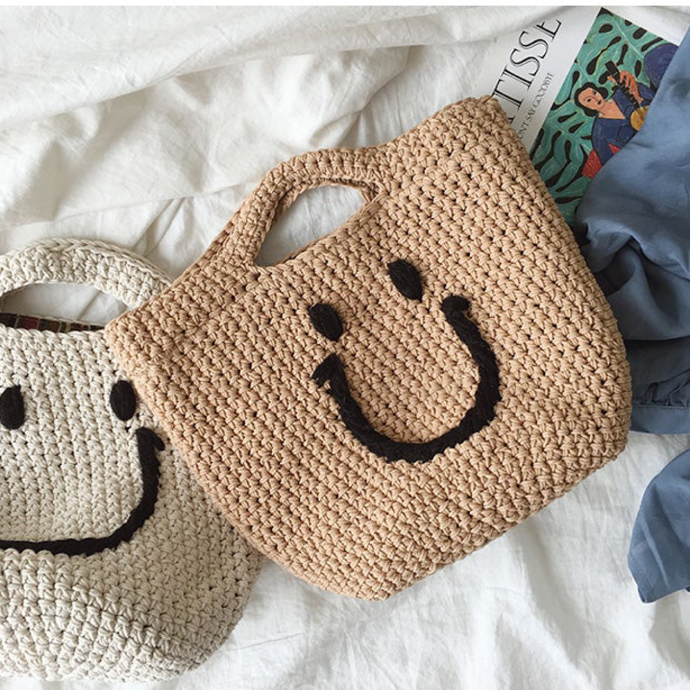 Baumwoll-Stricktasche mit Smiley-Gesicht für Bohème-Alltagsstil & Geschenke