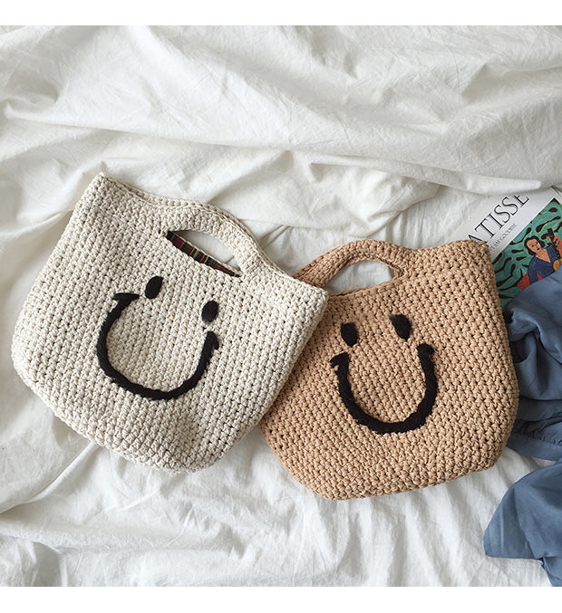 Baumwoll-Stricktasche mit Smiley-Gesicht für Bohème-Alltagsstil & Geschenke