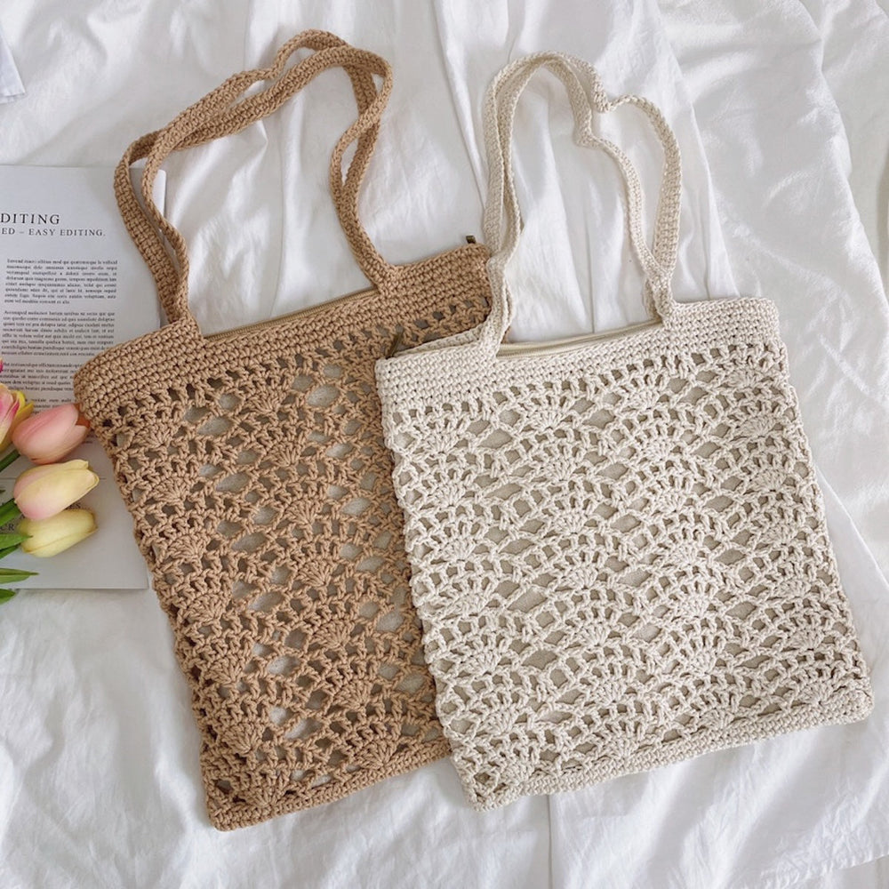 Damen Häkeltasche Mittelgroße Baumwolle Gestrickte Tragetasche mit Blumenmuster Geldbörse für Boho Alltagsstil & Geschenke