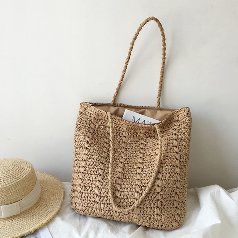 Damen leichte Stroh-gewebte quadratische Einkaufstasche für Strand, Urlaub & Sommer-Outfits