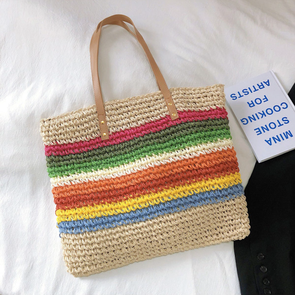 Große Regenbogen-Strohtasche für Damen für Strand, Urlaub und Sommer-Outfits