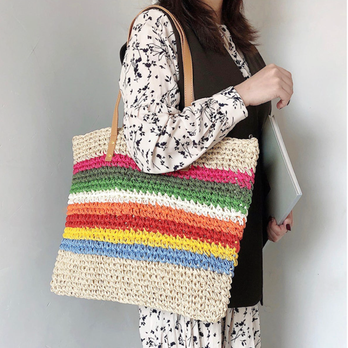 Women’s Large Rainbow Straw Tote for Beach, Vacation & Summer Outfits