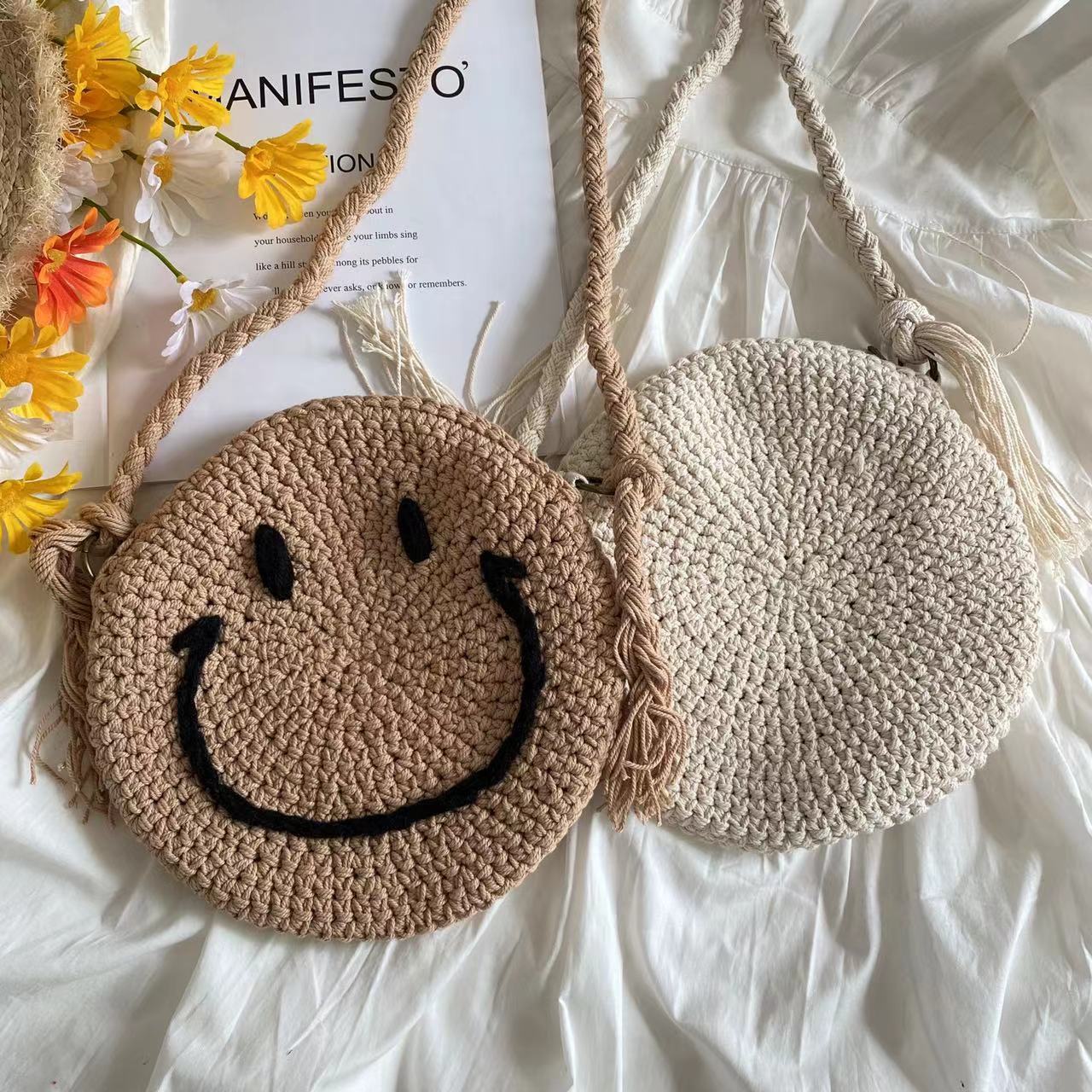 Women’s Crochet Smiley Face Round Bag Purse for Boho Everyday Style & Gifts