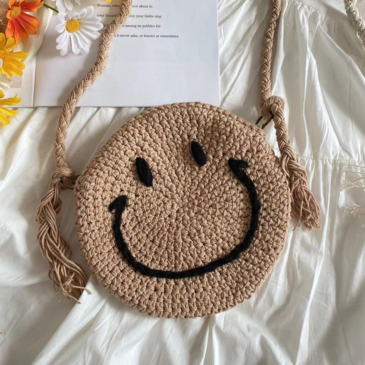 Women’s Crochet Smiley Face Round Bag Purse for Boho Everyday Style & Gifts