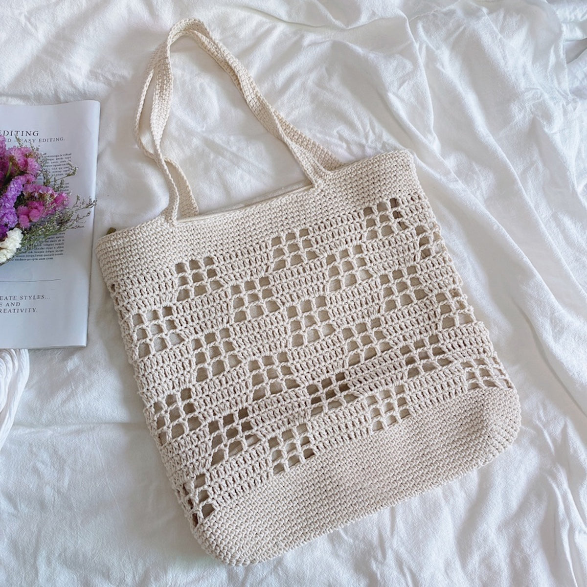Women’s Crochet Cotton Retro Patterned Tote Bag for Boho Everyday Style & Gifts