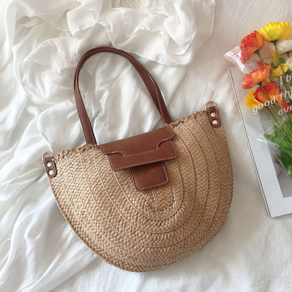 Women’s Straw Half Moon Summer Purse Tote Bag for Beach, Vacation & Summer Outfits
