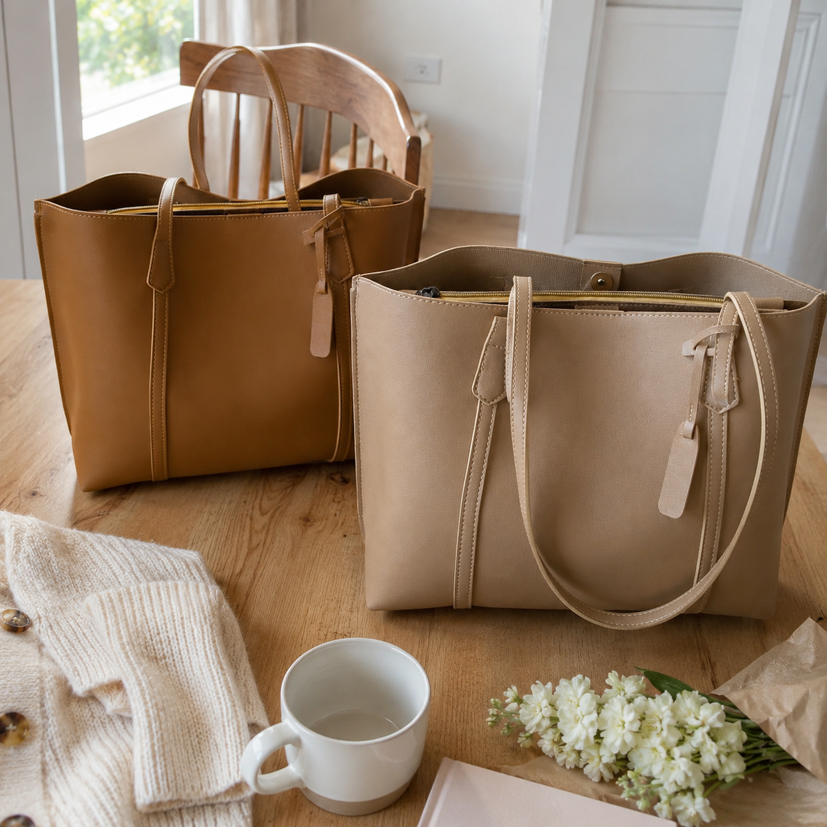 Vegan leather everyday work tote with roomy divided interior