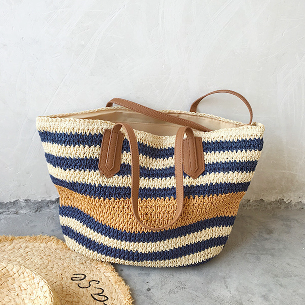 Women’s Large Striped Straw Woven Tote Bag for Beach, Vacation & Summer Outfits
