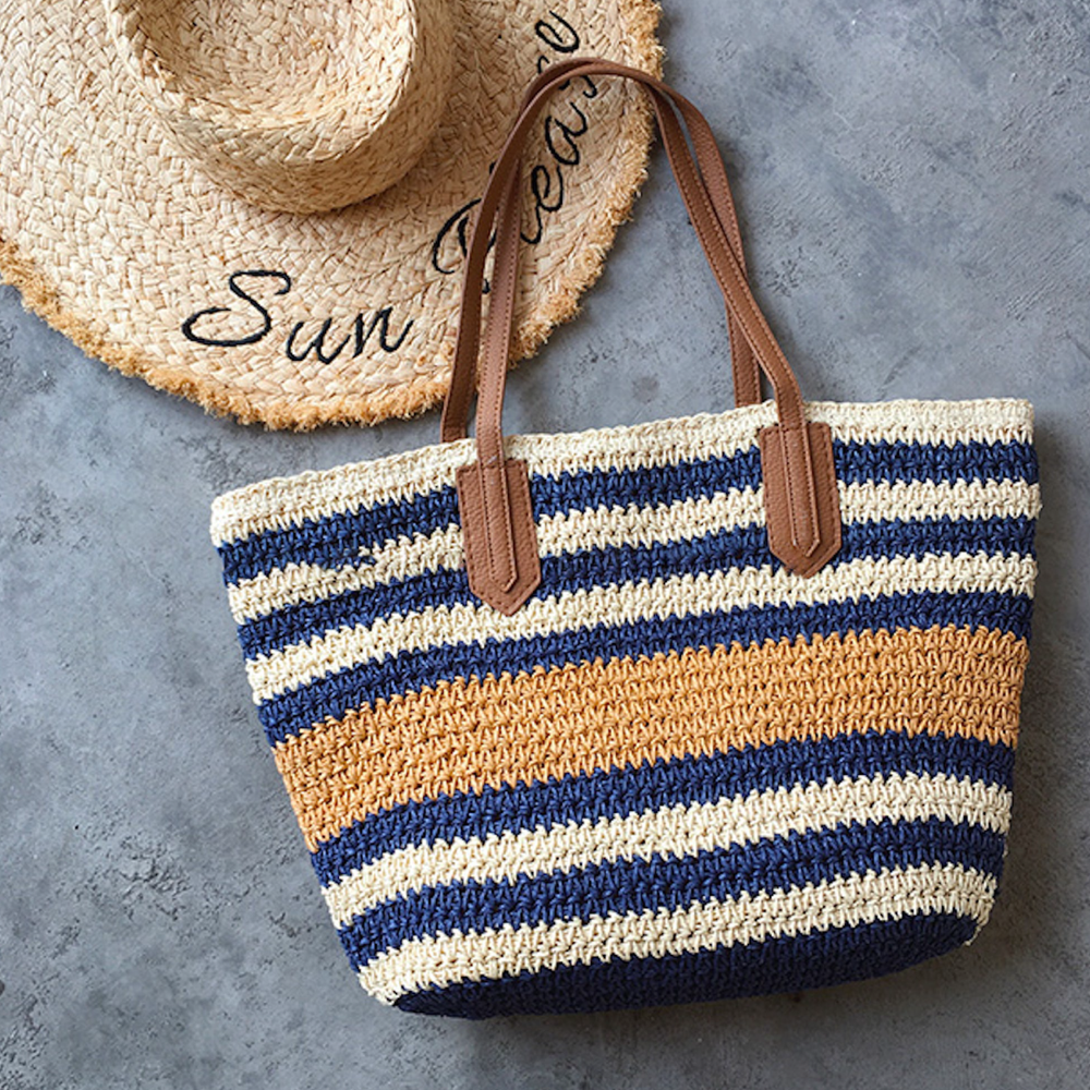 Women’s Large Striped Straw Woven Tote Bag for Beach, Vacation & Summer Outfits