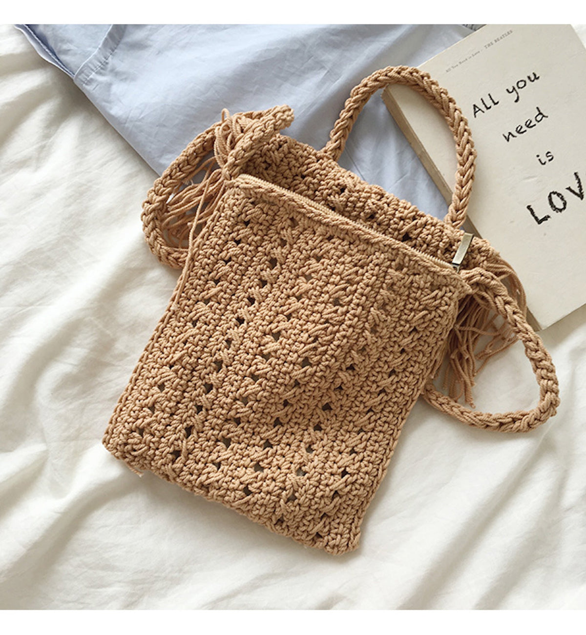 Women’s Crochet Cotton Small Boho Beach Bag with Tassels Tote Bag for Boho Everyday Style & Gifts