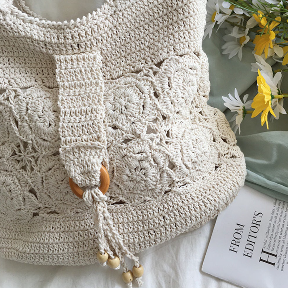 Damen Schultertasche mit Blumenmuster aus Baumwolle, gestrickt, für Boho Alltagsstil & Geschenke