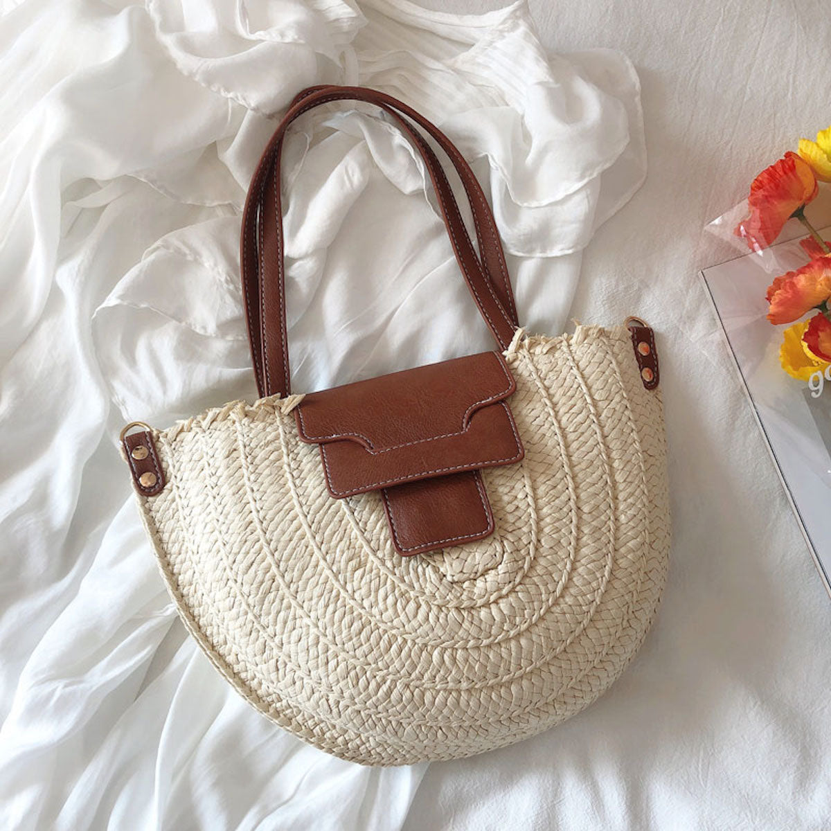 Women’s Straw Half Moon Summer Purse Tote Bag for Beach, Vacation & Summer Outfits