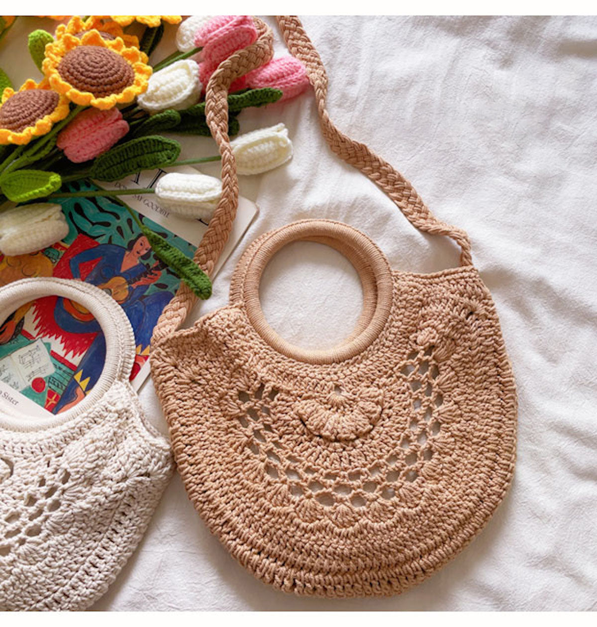 Women’s Crochet Cotton Handmade Top Handle Shoulder Bag for Boho Everyday Style & Gifts