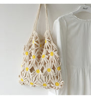 Women’s Retro Daisy Cotton Knitted Shoulder Bag for Boho Everyday Style & Gifts