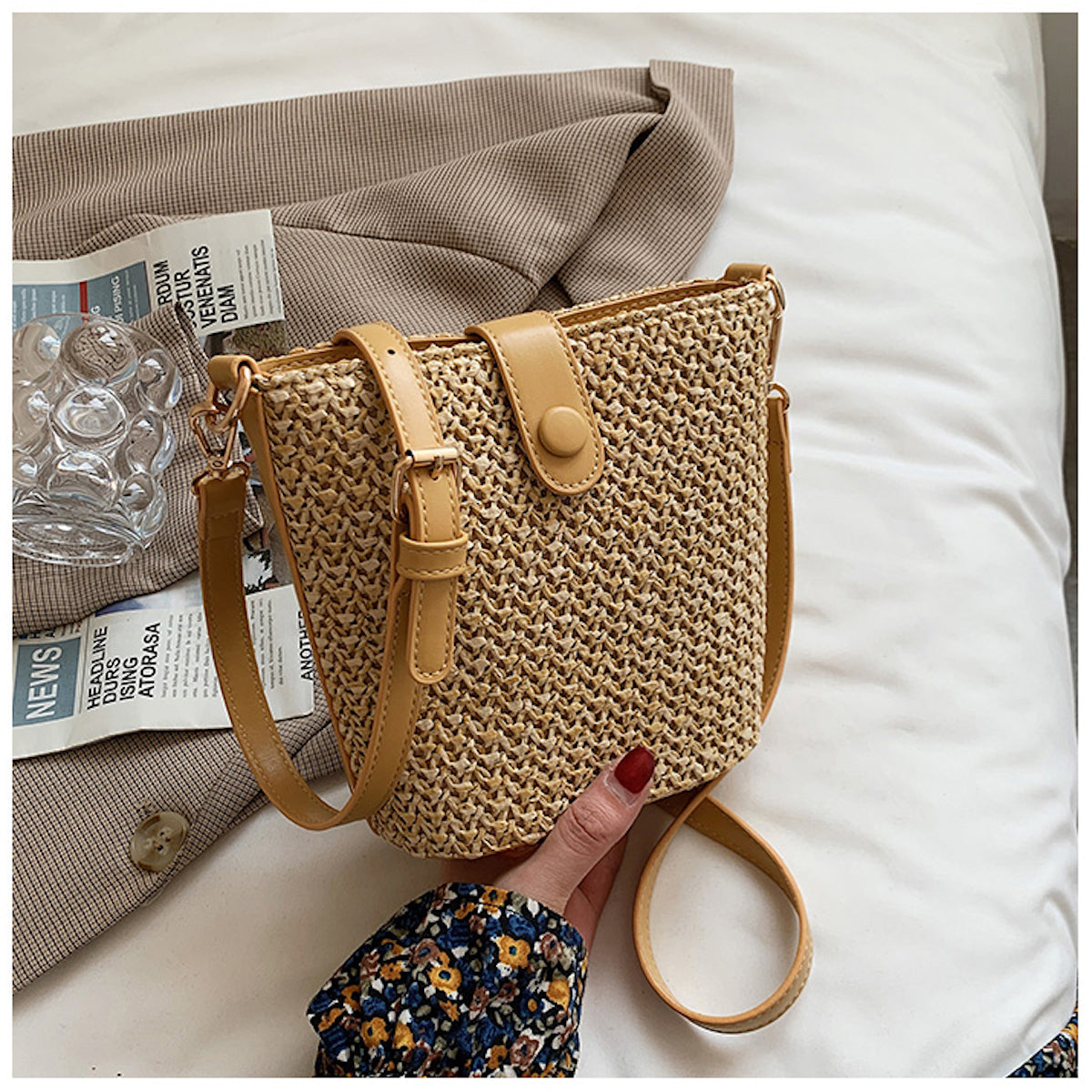 Women’s Crossbody Leather and Straw Bag for Beach, Vacation & Summer Outfits