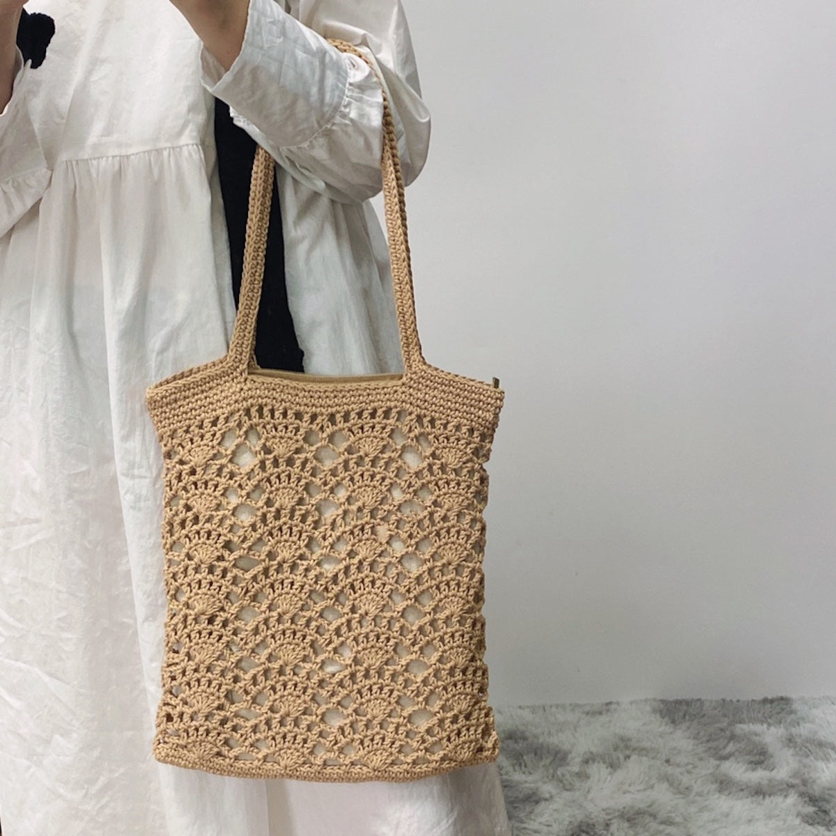 Women’s Crochet Medium Cotton Knitted Top Handle Bag with Floral Design Purse for Boho Everyday Style & Gifts