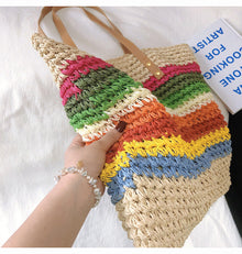 Große Regenbogen-Strohtasche für Damen für Strand, Urlaub und Sommer-Outfits