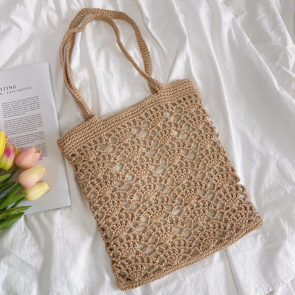 Women’s Crochet Medium Cotton Knitted Top Handle Bag with Floral Design Purse for Boho Everyday Style & Gifts