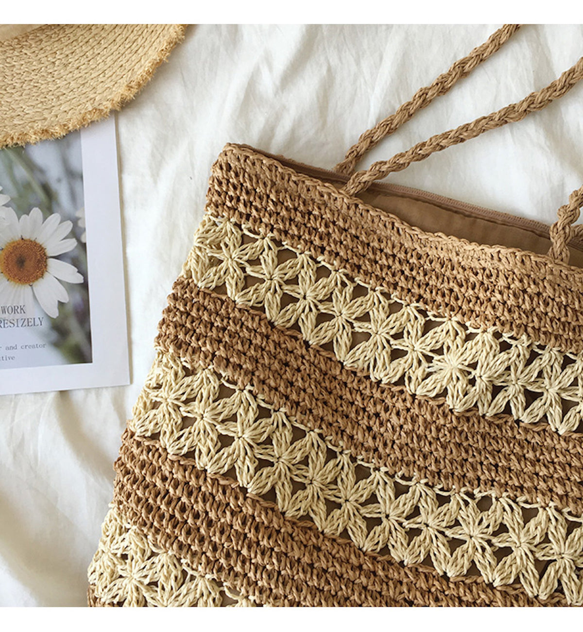 Women’s Patterned Straw Woven Tote Bag for Beach, Vacation & Summer Outfits