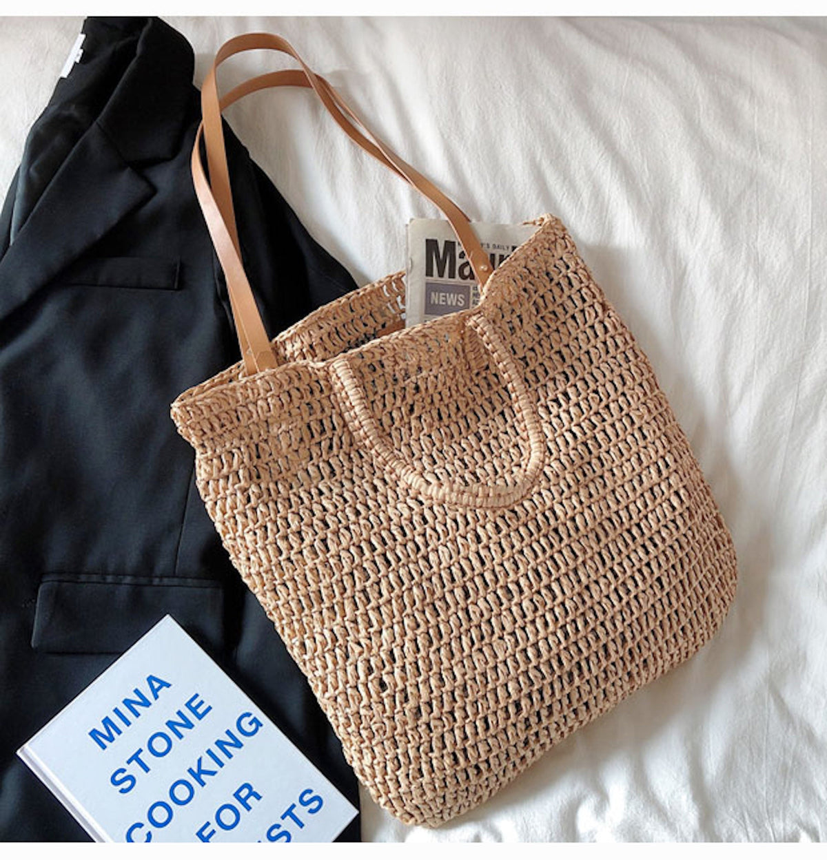 Women’s Minimalistic Straw Woven Tote Bag for Beach, Vacation & Summer Outfits