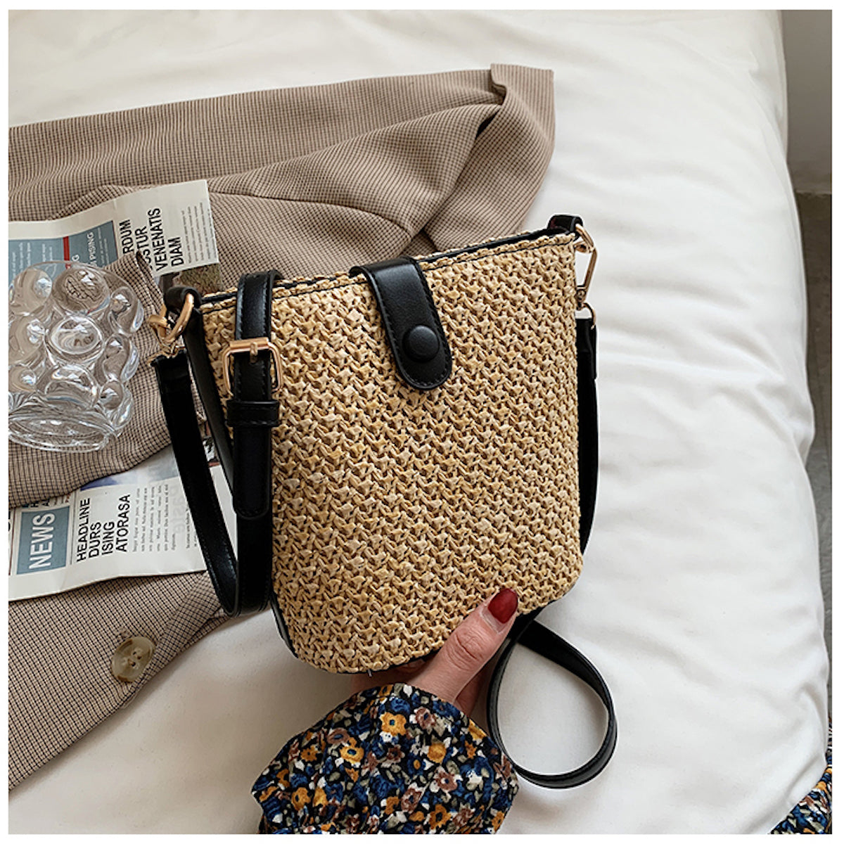Women’s Crossbody Leather and Straw Bag for Beach, Vacation & Summer Outfits