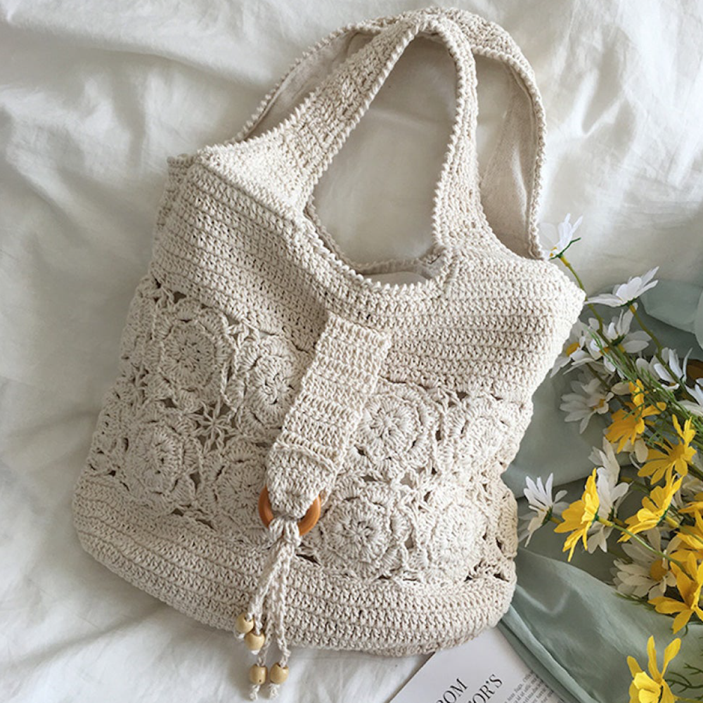 Damen Schultertasche mit Blumenmuster aus Baumwolle, gestrickt, für Boho Alltagsstil & Geschenke