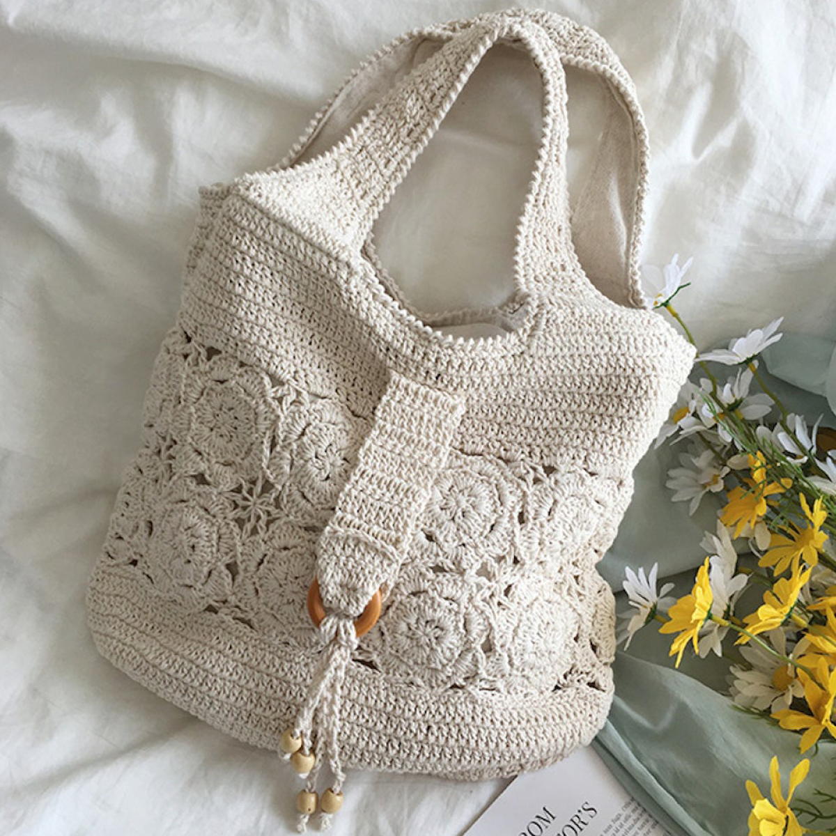 Women’s Floral Cotton Knitted Shoulder Bag Purse for Boho Everyday Style & Gifts